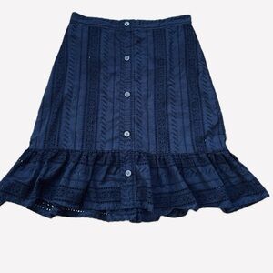 LOFT Navy Blue Eyelet Button Front Ruffle Hem Skirt - Size 12